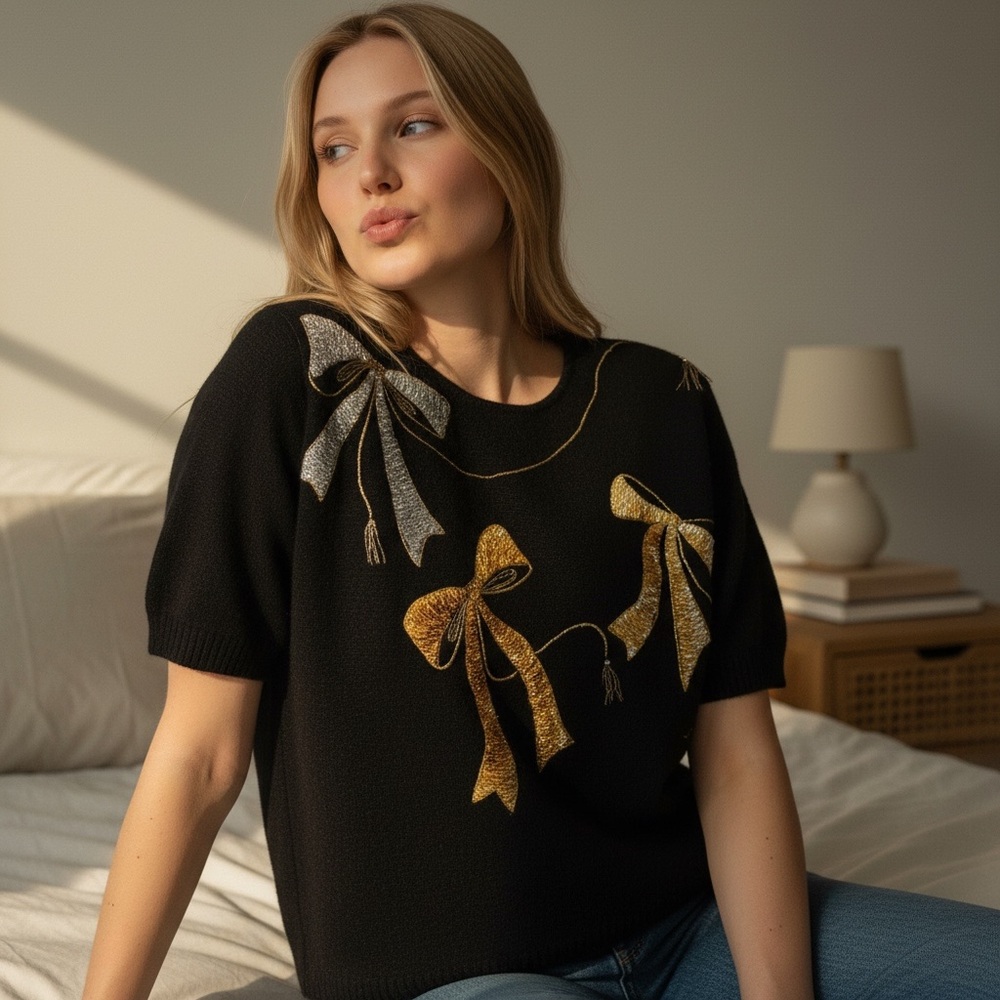 Sassy grandma vintage Black Sweater with Gold and Silver Bow Accents rabbit fur